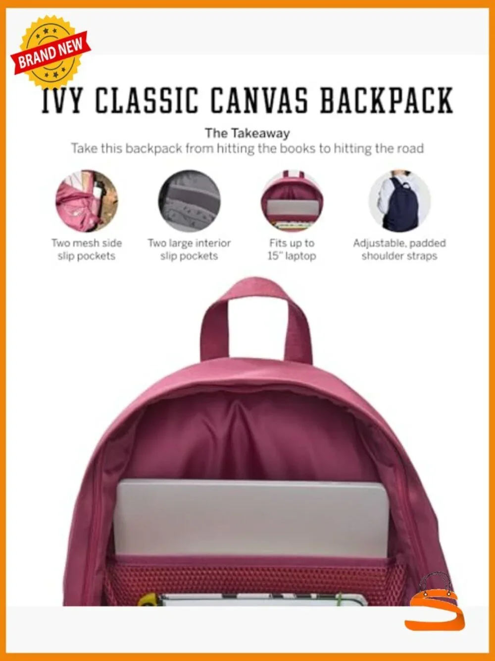 Canvas Laptop Backpack for School Travel, Adjustable Straps, 15